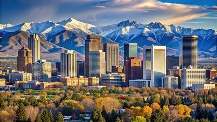Denver skyline with the Rocky Mountains in the distance.