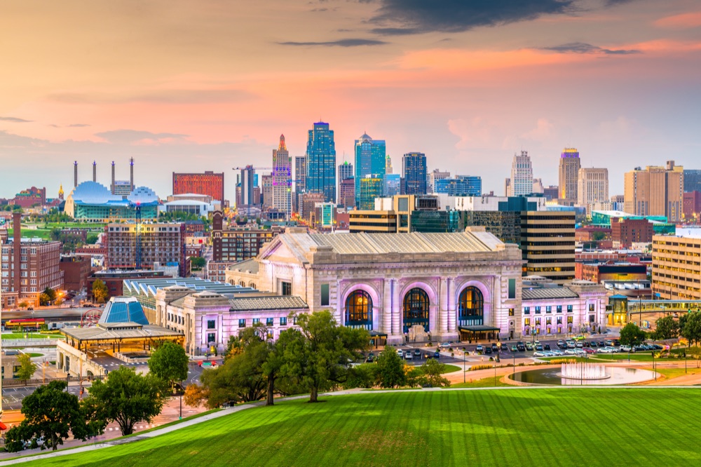 Union Station and the Kansas City skyline at sunset.