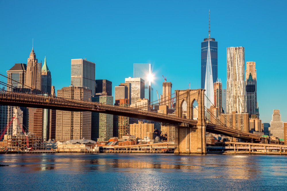 Brooklyn Bridge and the Lower Manhattan skyline.