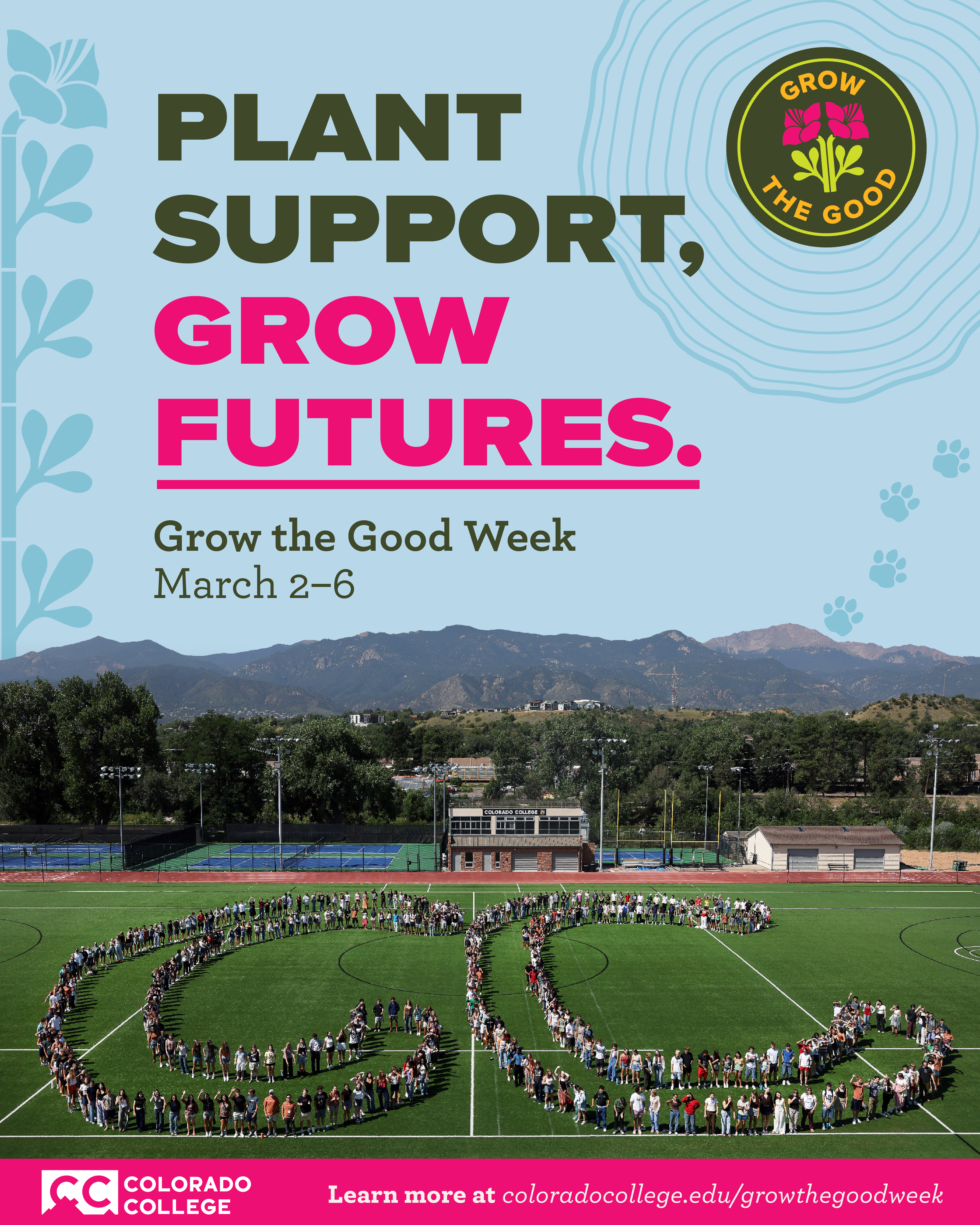 Students on an athletic field line up together to make the letters CC. Text reads, 